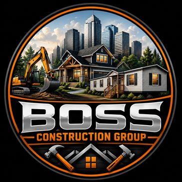 Bold logo for Boss Construction Group with houses, excavator, and city skyline.