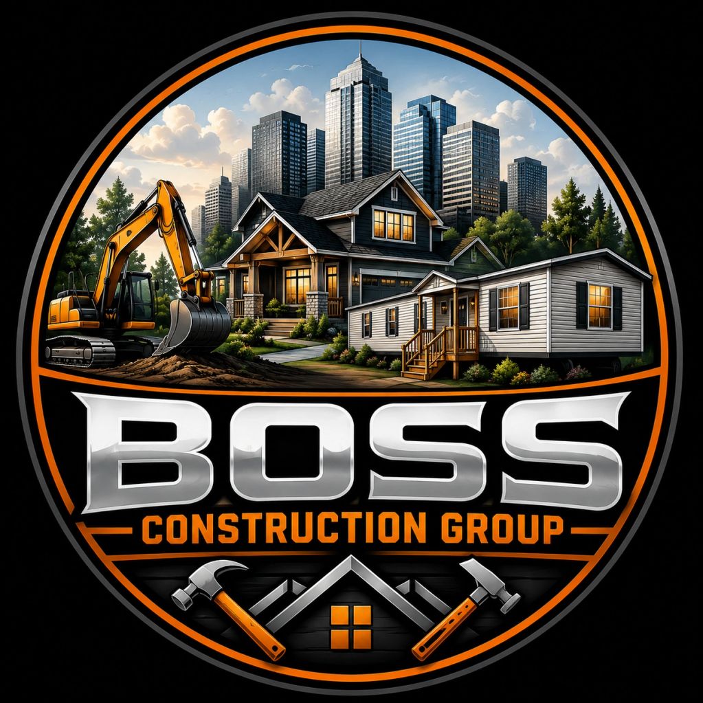 Logo for Boss Construction Group with homes, excavator, and city skyline.