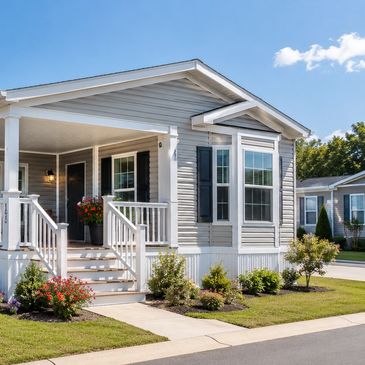 Modern manufactured home with a porch and garden under a clear sky.