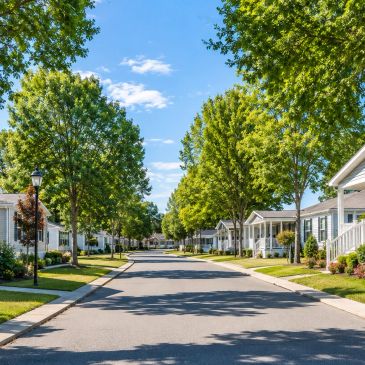 A peaceful suburban street lined with trees and houses under a clear blue sky.