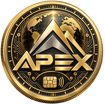 Gold and black Apex coin with a world map.
