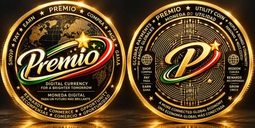 Digital Premio cryptocurrency coin with bilingual text and a globe design.