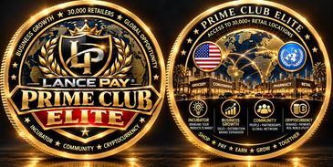Two golden medallion-style badges highlighting Lance Pay Prime Club Elite.