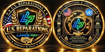 U.S. Reparations coin by Lance Pay with symbols of opportunity and global impact.