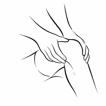 Line art of hands gently holding a knee.
