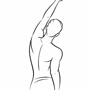 Black and white line drawing of a person stretching with one arm raised.