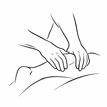 Line drawing of hands massaging a leg.