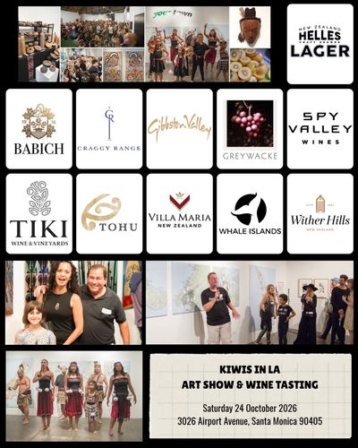 Kiwis in LA art show and wine tasting event announcement for October 24, 2026.