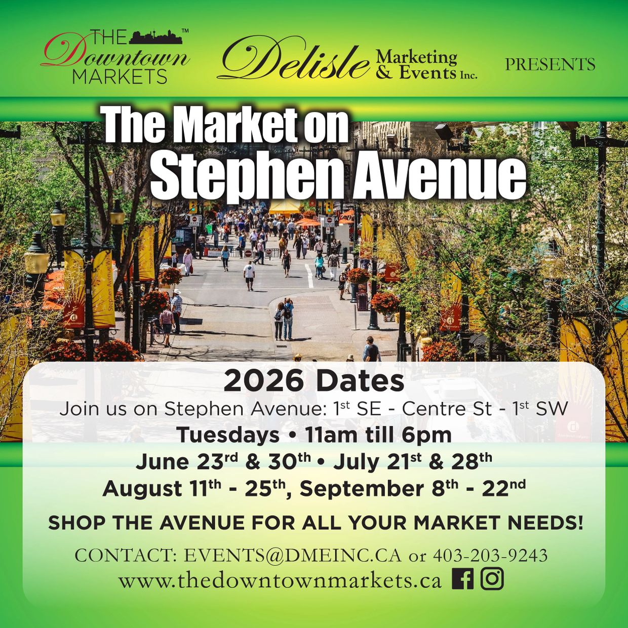Promotional flyer for The Market on Stephen Avenue with 2026 dates and contact info.