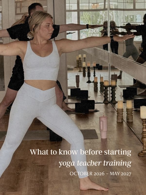 Woman practicing yoga in a studio with text about yoga teacher training.