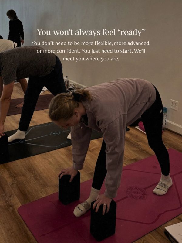 People doing yoga with motivational text about readiness and starting.
