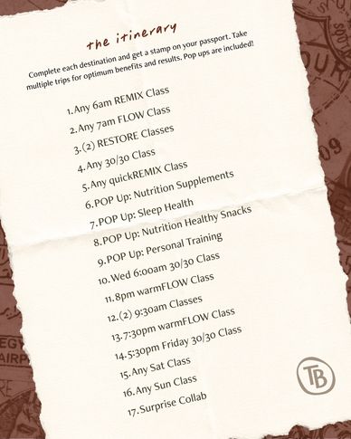 List of classes and pop-ups for a fitness itinerary with stamps on a passport.