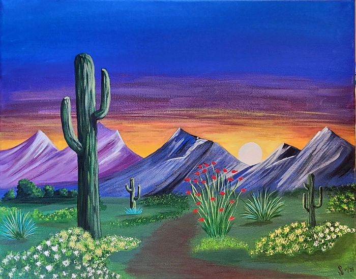 AZ landscape at sunset...Saguaros, Agave & Ocotillo & Blooms...custom Acrylic on a 16 x 20 canvas.  