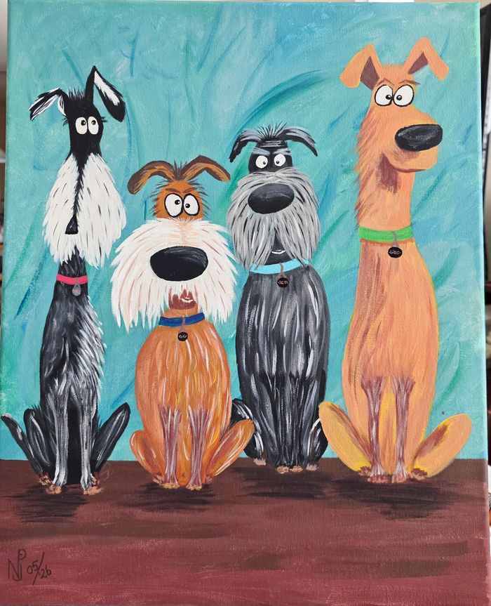 Whimsical "Crazy Pups"...created by me!  16" x 30" canvas done in Acrylics.