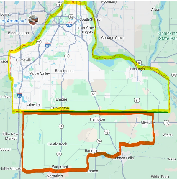 Yellow Area = Regular travel fee 
Red Area = Extended travel fee