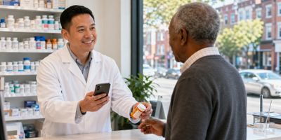 Pharmacist handing prescription medication to a senior patient at Summerdale Pharmacy in Philadelphi
