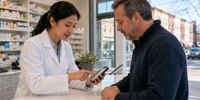 Pharmacist helping a patient transfer prescription at a local pharmacy in Philadelphia, PA.