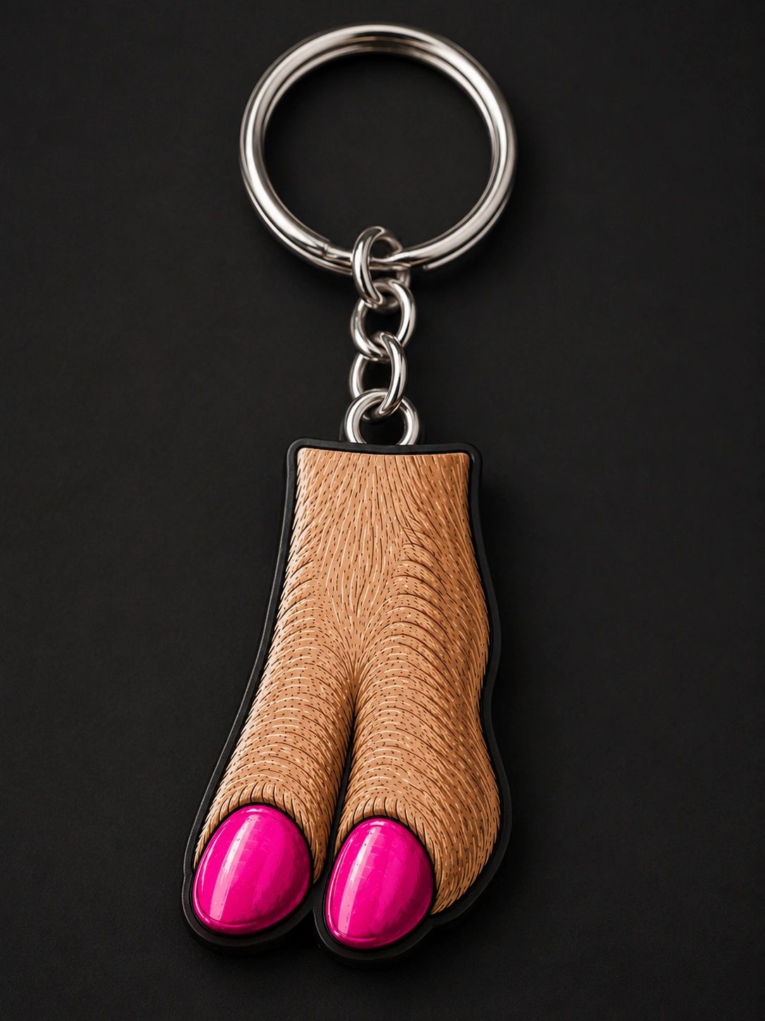 Keychain with nudity-themed design resembling female toes.