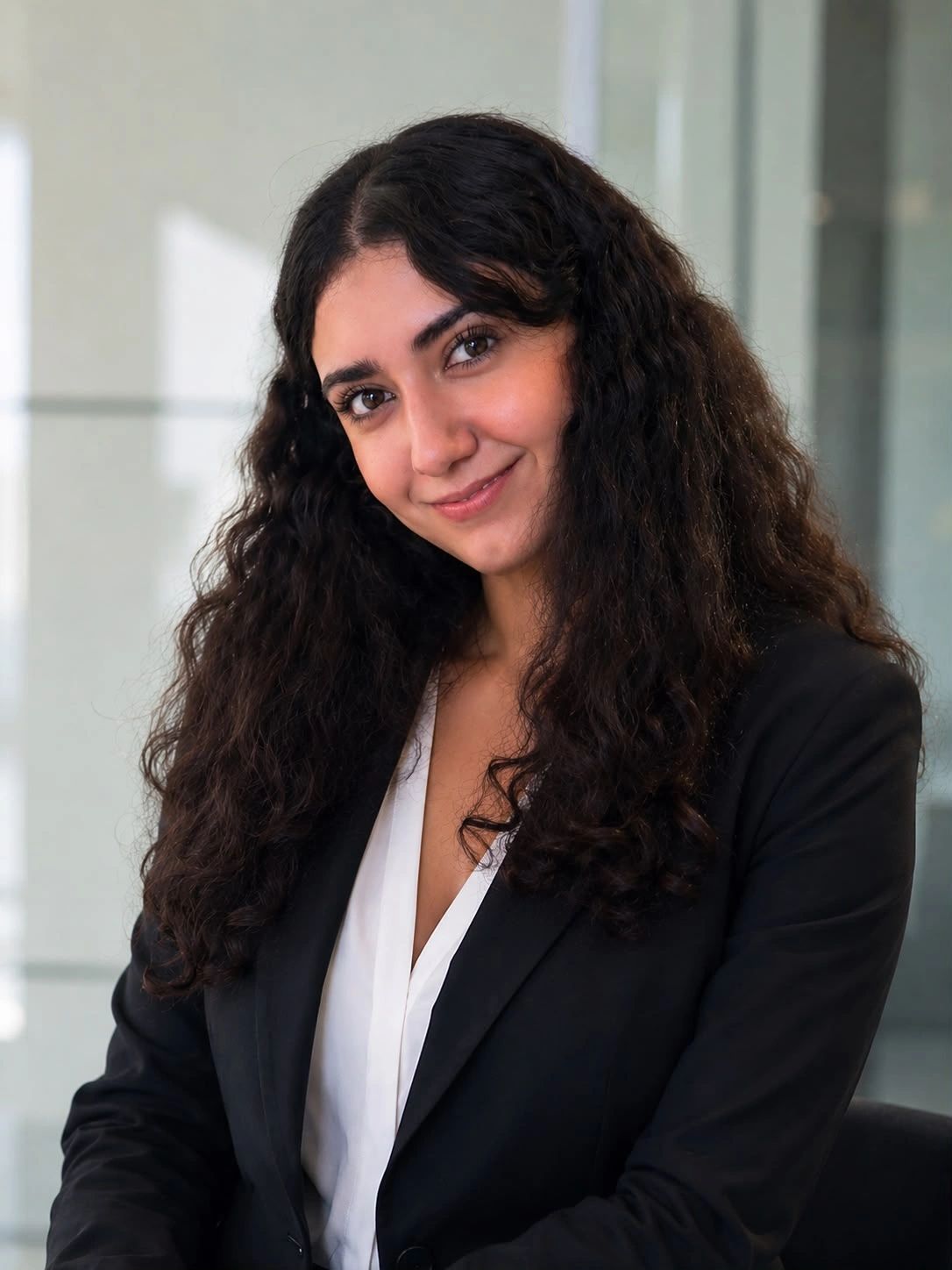 Professional woman with curly hair smiling.
