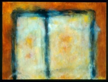 Mixed media painting with acrylic and metal on wood panel.

