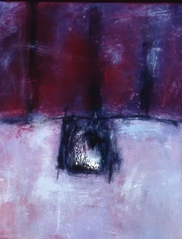 Textured abstract artwork combining paint and metal on wood.

