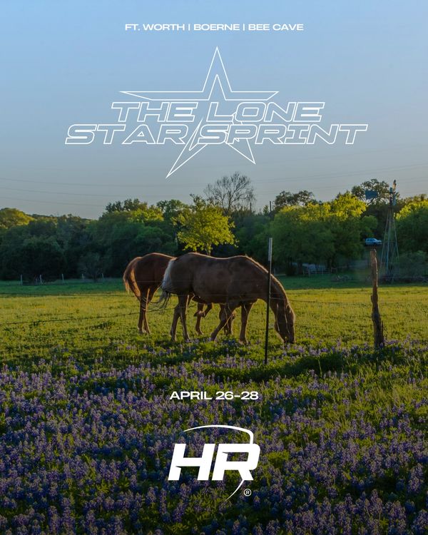 Horses grazing in a field with event details for The Lone Star Sprint in Texas.
