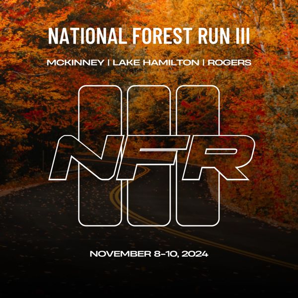 Promotional poster for National Forest Run III in November 2024 with autumn forest road background.