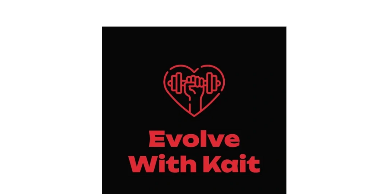 Red fitness logo with a heart and dumbbell, text 'Evolve With Kait'.