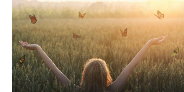 Person sitting in field with raised arms and butterflies flying around them.
