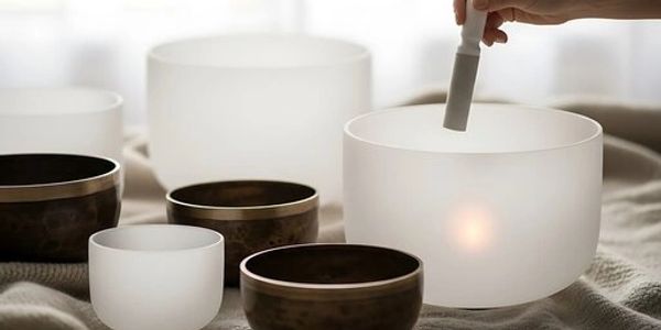A hand playing a set of frosted and bronze singing bowls.