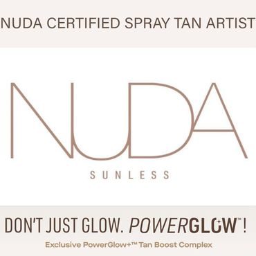 NUDA Certified Spray Tan Artist logo with PowerGlow promotion.