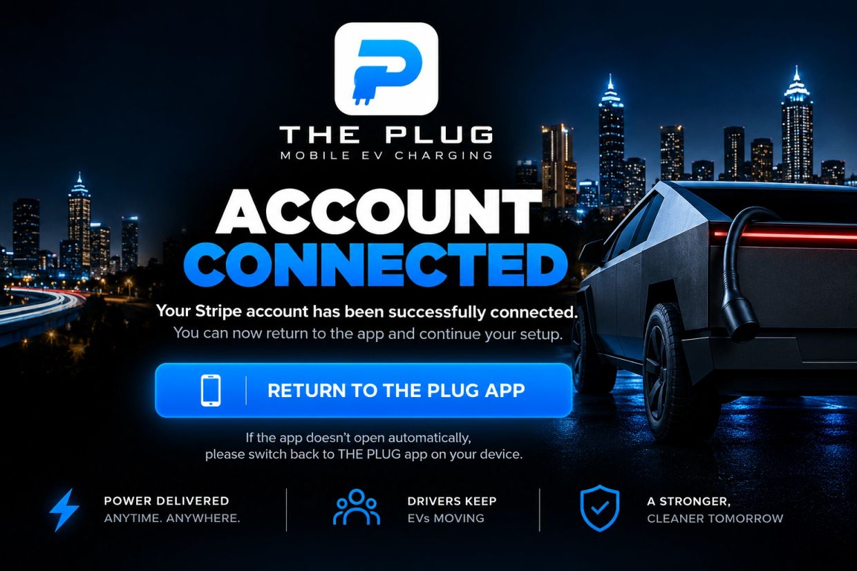 Notification of Stripe account connected for THE PLUG EV charging app.