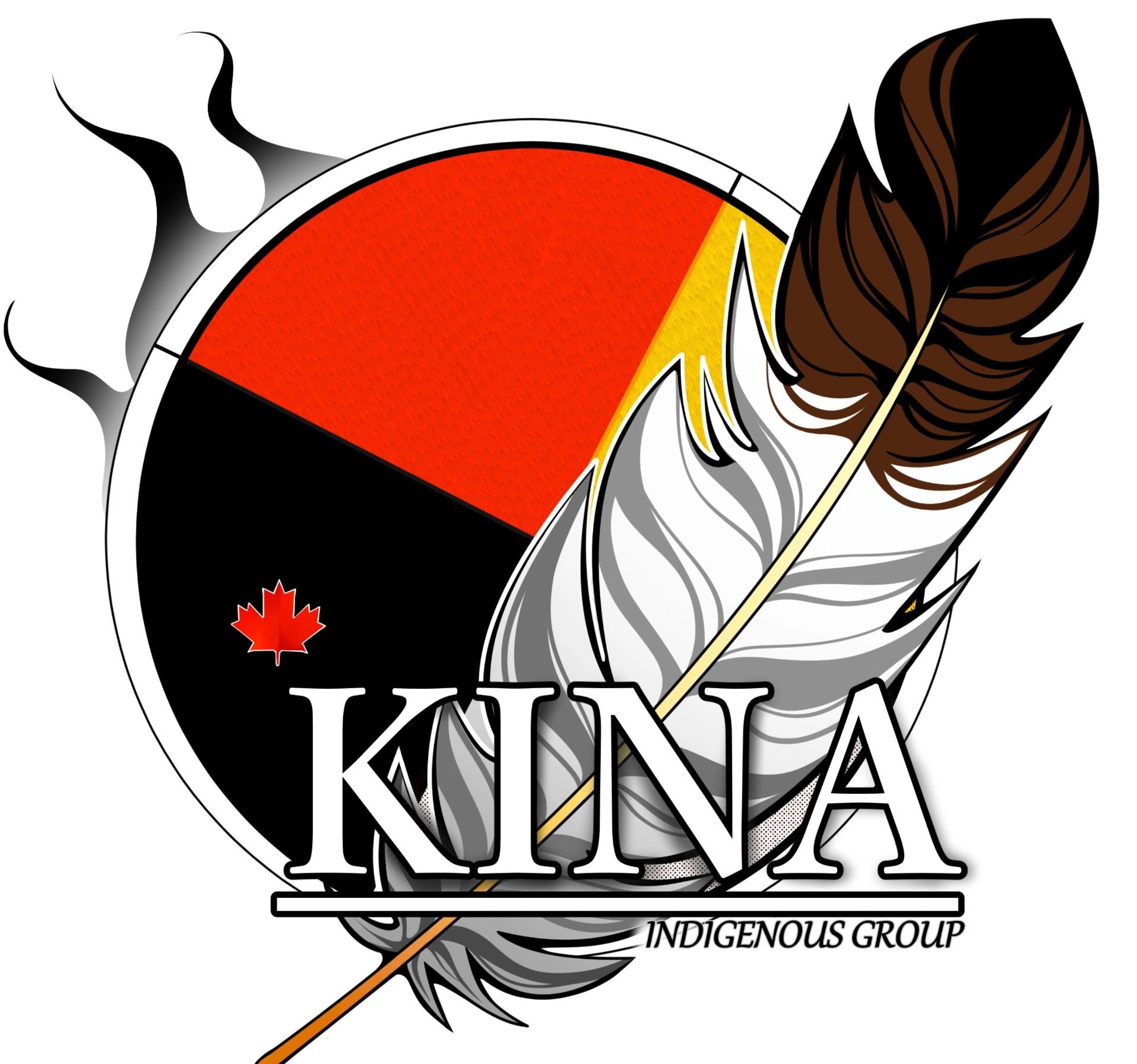 Logo of Kina Indigenous Group with feathers and a Canadian maple leaf.