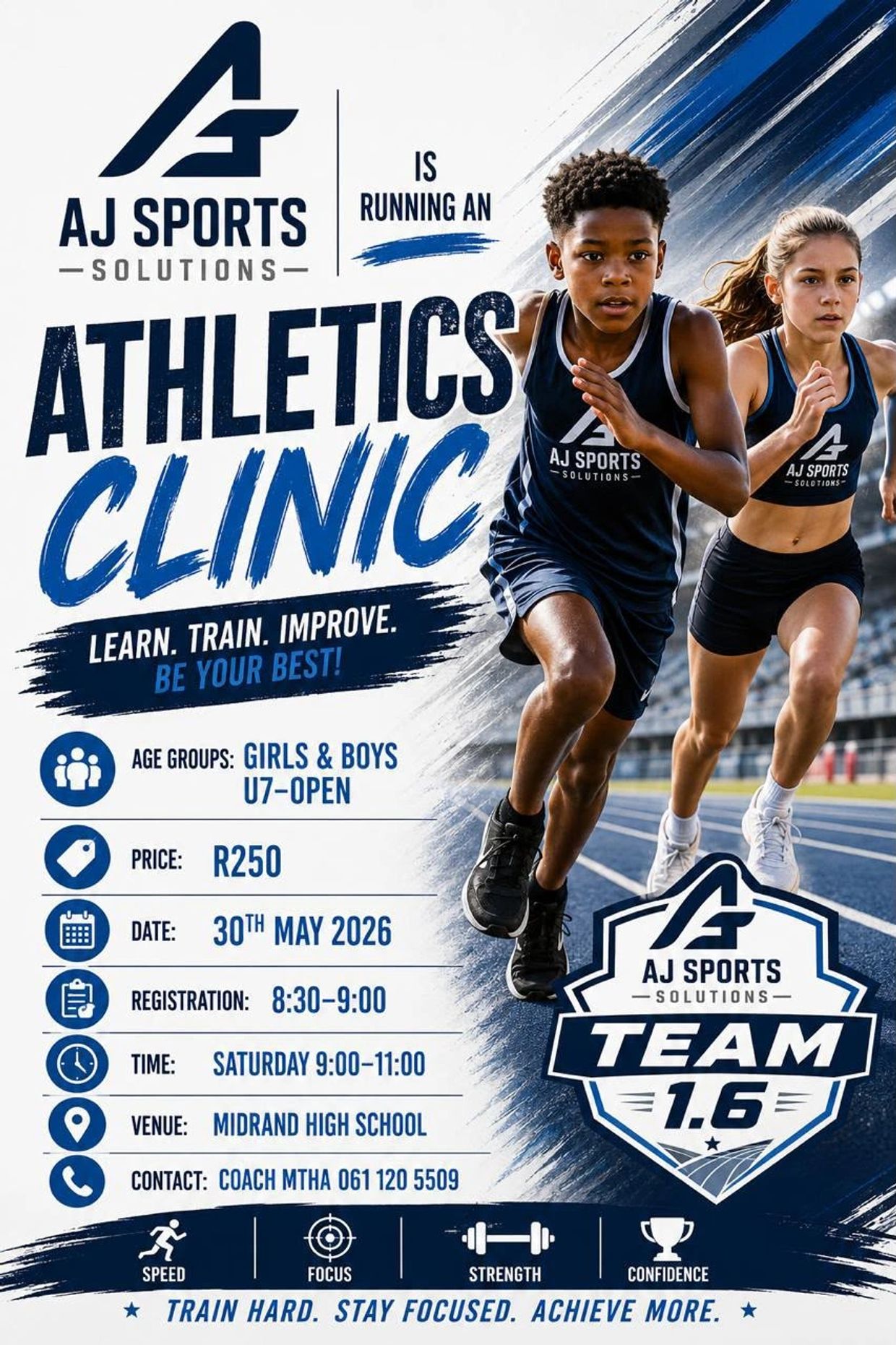 AJ Sports Solutions hosts an athletics clinic for kids at Midrand High School.