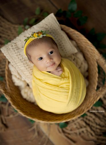 Newborn photography with newborn swaddled in a basket
