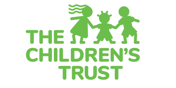 A green Children's trust logo with 3 children holding hands