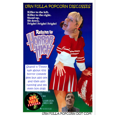 Promotional poster for 'Return to Horror High' with a woman in a cheerleader outfit and horror-themed text.