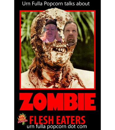 A horror movie poster parody featuring zombie with two human faces and bold red text.