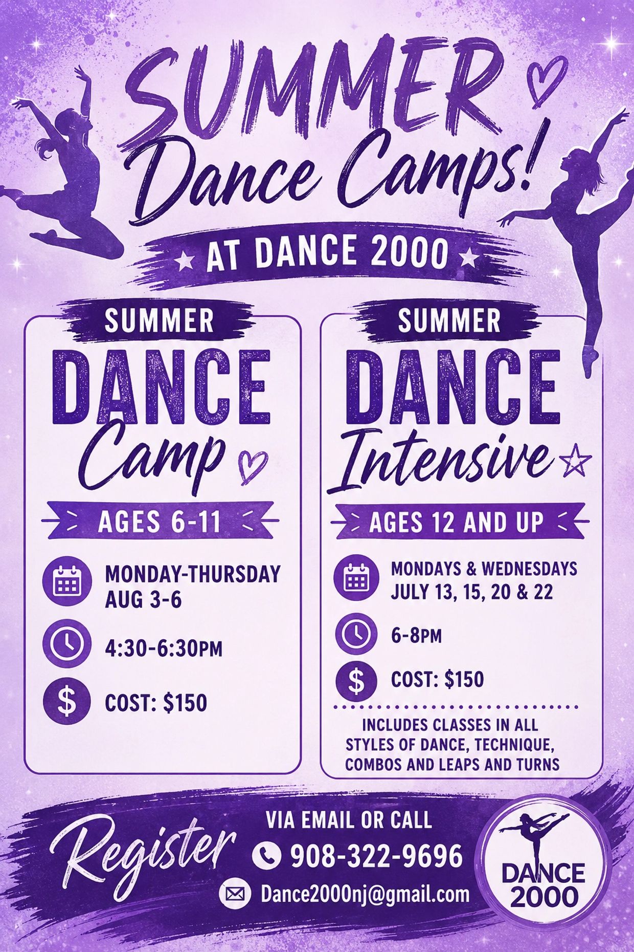 Purple flyer for Summer Dance Camps at Dance 2000 for ages 6-11 and 12+.