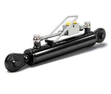 Black hydraulic cylinder with fittings and control valve.