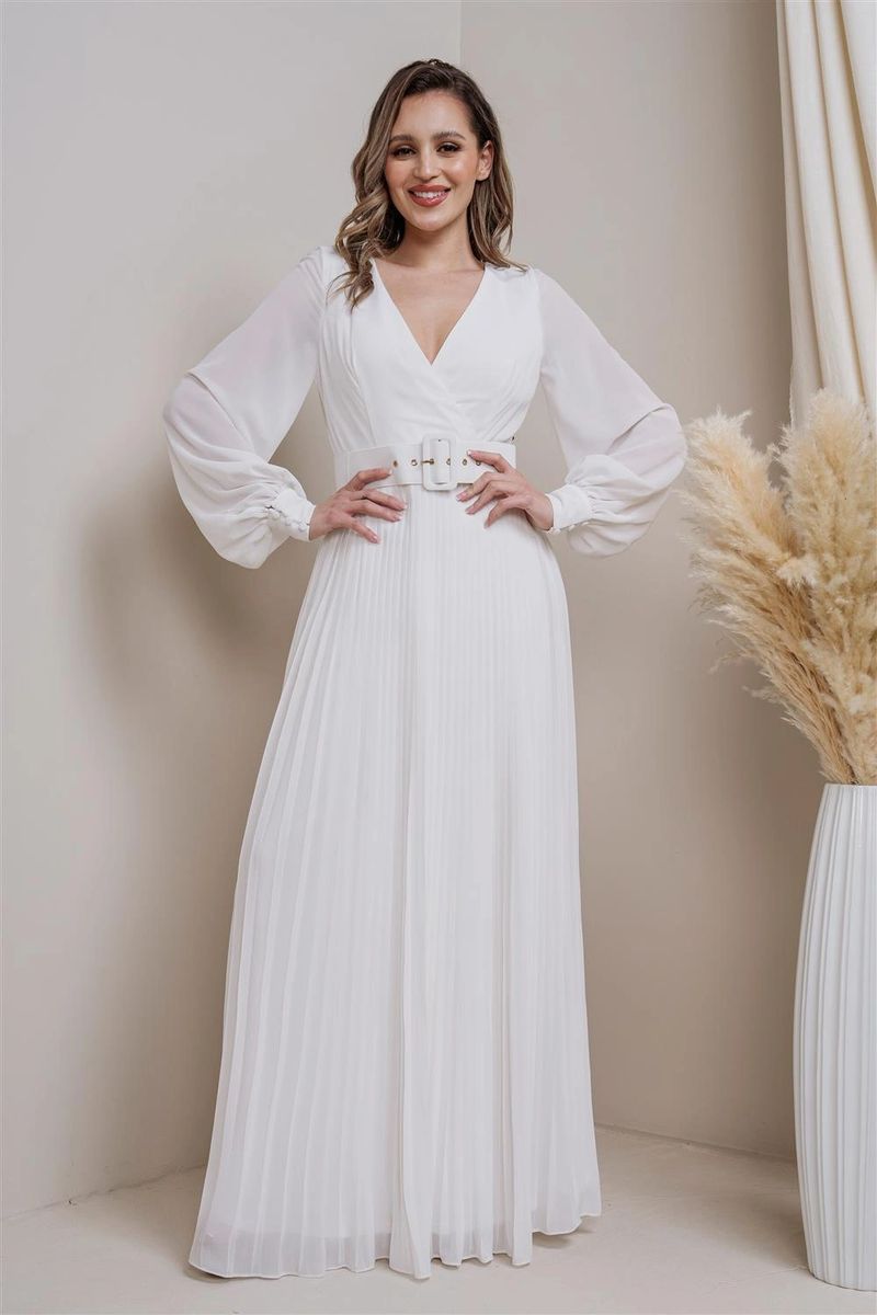 Vestido maxi con cuerpo de encaje y falda de chiffon con escote en V Marrón Tallas Grandes