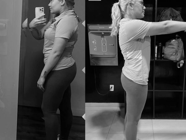 Side-by-side black and white photos showing a fitness transformation of a woman.
