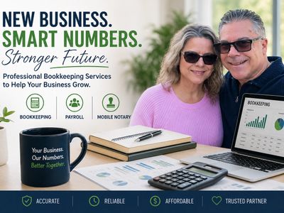 Couple promoting professional bookkeeping and payroll services for business growth.