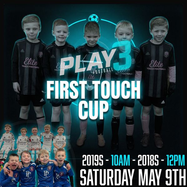 Young kids in football kits promoting the Play 3 First Touch Cup event.