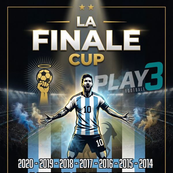 Illustration of a soccer player celebrating in La Finale Cup Play 3 poster.
