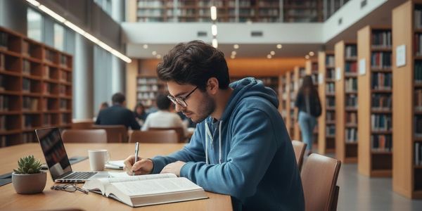 persona estudiando en una biblioteca