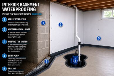 Diagram of basement waterproofing components including wall liner and sump pump.