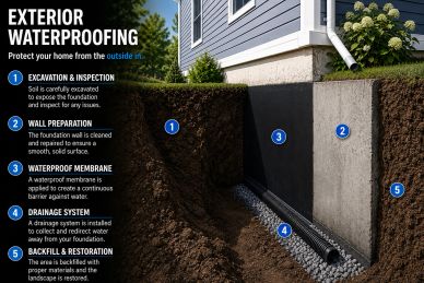 Diagram showing steps for exterior waterproofing around a house foundation.