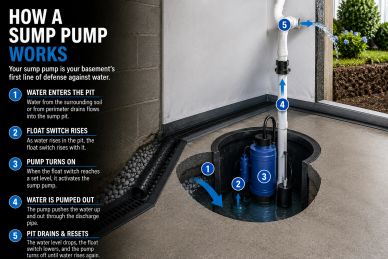 Diagram showing how a sump pump works to remove basement water.
