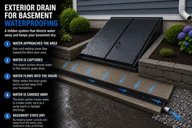 Exterior drain system directing water away from basement for waterproofing.
